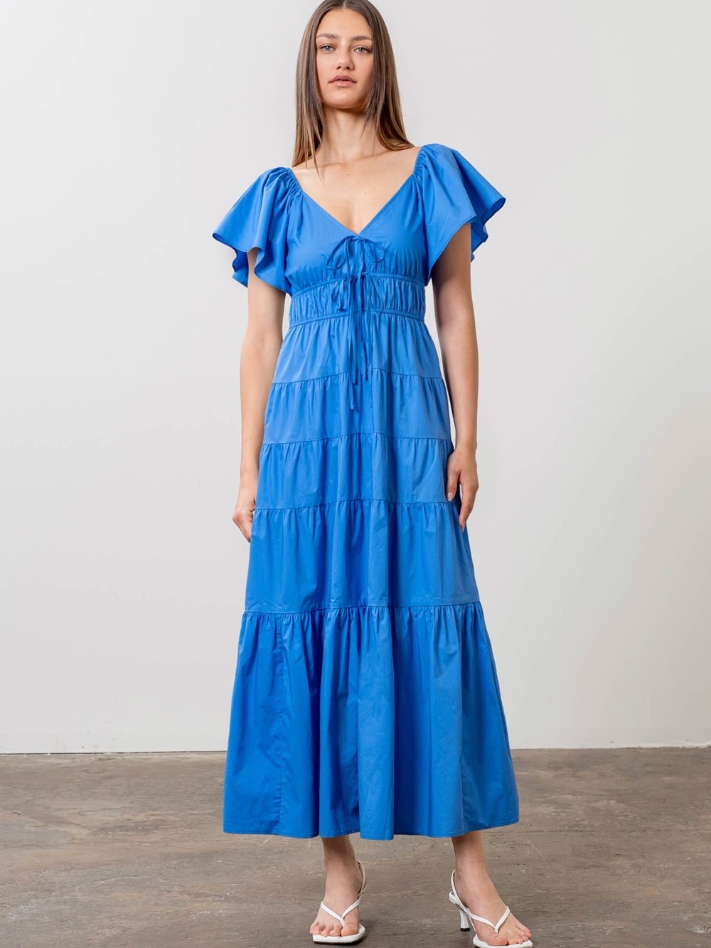 Moon River Vneck Ruffle Midi Dress Cotton Tiered Low Back | Blue | Large